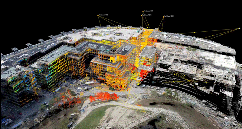 UAV and MS60 point clouds of a large building under construction visualised in Leica Infinity surveying office software, displayed in intensity colour.
